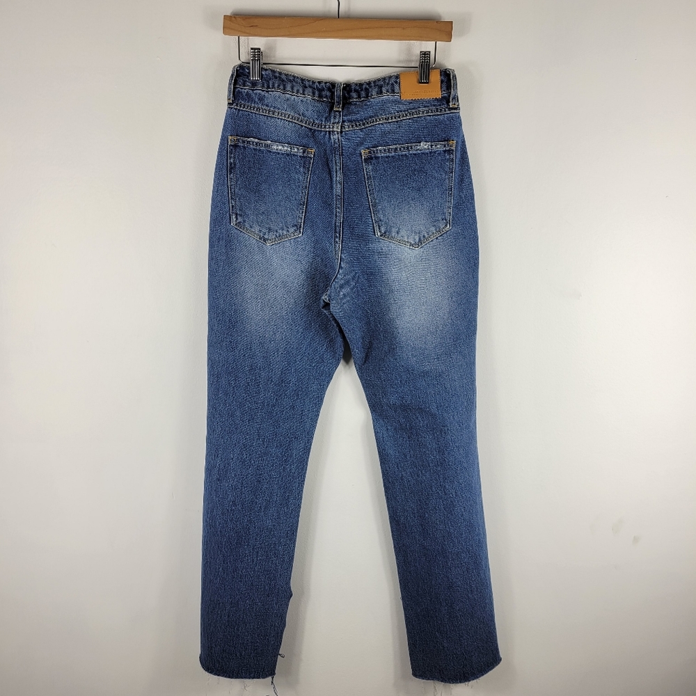 New Avec Les Filles High Waist Distressed Straight Leg Split Hem Raw Hem Jeans - Picture 11 of 13